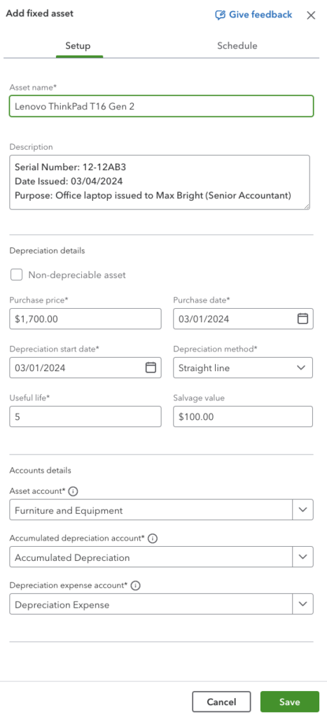 Image showing a sample new fixed asset entry on QuickBooks.